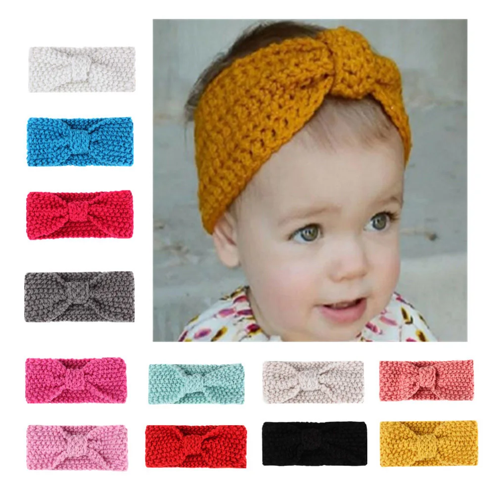 

2019 Baby Winter Solid Big Bow Fish Knit Wool Headband Fashion Kids Warm Woolen Crochet Turban Handmade Bow Knot Wide Head Wrap