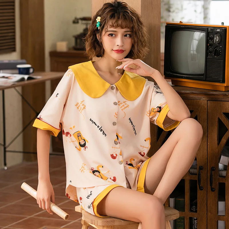 

Peach Scent Spring Women's Casual Fold-down Collar Cardigan Short Sleeve Color Mixture Cartoon Tracksuit Two-Piece Set