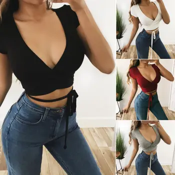 

Summer Female Sexy Solid V Neck T Shirts Women Short Sleeve Bandage Camis Tees Tanks Short Tops Crop Tops crop top Club Street