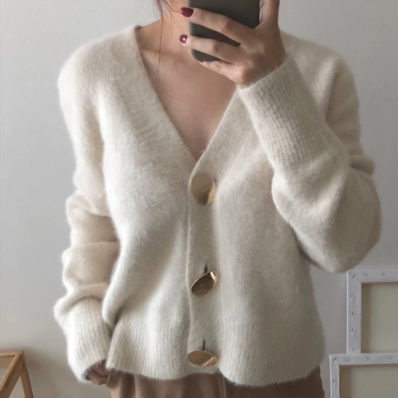 

Women Short Wool Cardigan Cashmere Crop Sweater Solid Tops Winter Ladies V neck Jacket Female Loose Casual Thick Clothes korean
