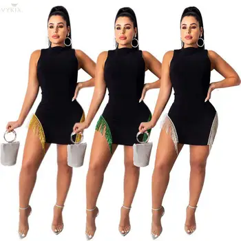 

Sexy Glitter Sequin Dress Tassels Womens Clothing Sleeveless Vestidos Summer Club Evening Party Dress Night Bodycon Mini Dress