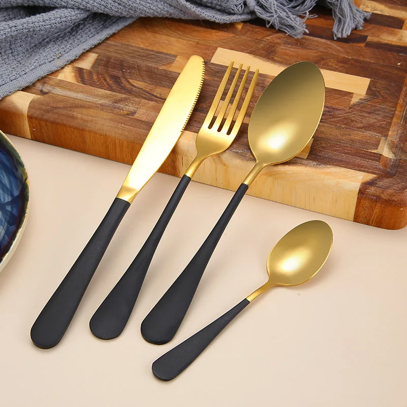 Tofok Роскошная Посуда набор из нержавеющей стали покрытие золотой синий черный нож вилка Посуда Столовые приборы Белый Европейский Западный 4 шт - Цвет: Black Gold