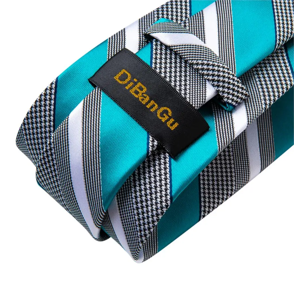 Подарок, мужской галстук, бирюзовый, белый, в полоску, Шелковый, Свадебный галстук для мужчин, DiBanGu, дизайнерский, Hanky, запонки, качественный мужской галстук, набор, бизнес 7339