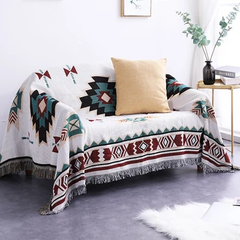 

Morocco Style Embroidered Geometric Sofa Blanket Cover With Tassels Cotton Knitting Thick Persian Tablecloth Outdoor Picnic Mat