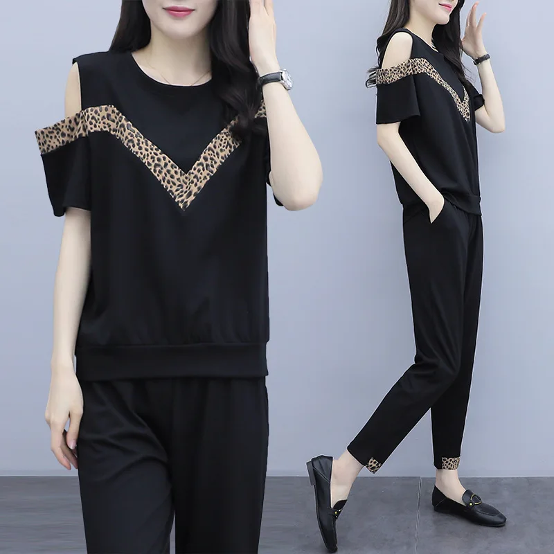 

2019 Spring And Summer New Style Large Size Dress Leopord Pattern Joint Off-shoulder Tops + Skinny Capri Pants Set