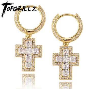 

TOPGRILLZ Iced Out Baguette Zircon Cross Drop Dangle Huggie Hinged Stud Earring Hip Hop Rock Jewelry For Men Women