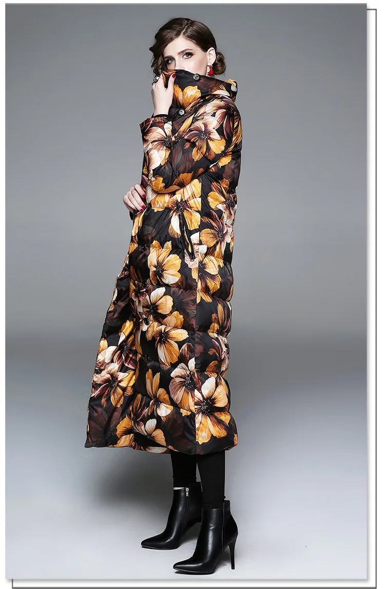 Fashion New Print Flower Winter Jacket Women Parka Warm Thicker Vintage Thick Winter Coat White Duck Down Jackets J777