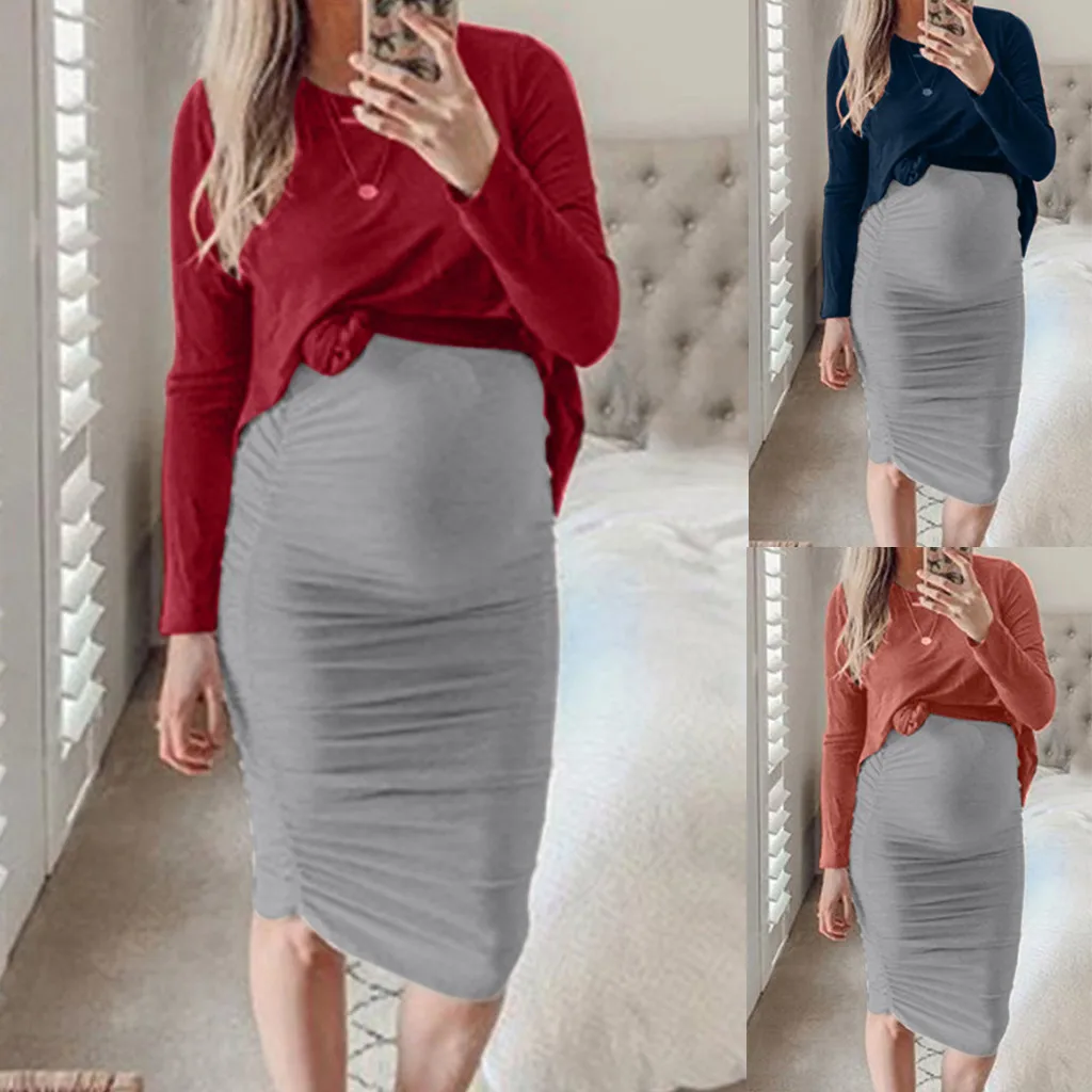 

Pregnancy Dress Women O-Neck Long Sleeve Patchwork Tops Skirt Sexy Set Dresses Maternity Dress Photography Premama Winter Wear