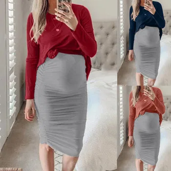 

Pregnancy Dress Women O-Neck Long Sleeve Patchwork Tops Skirt Sexy Set Dresses Maternity Dress Photography Premama Winter Wear