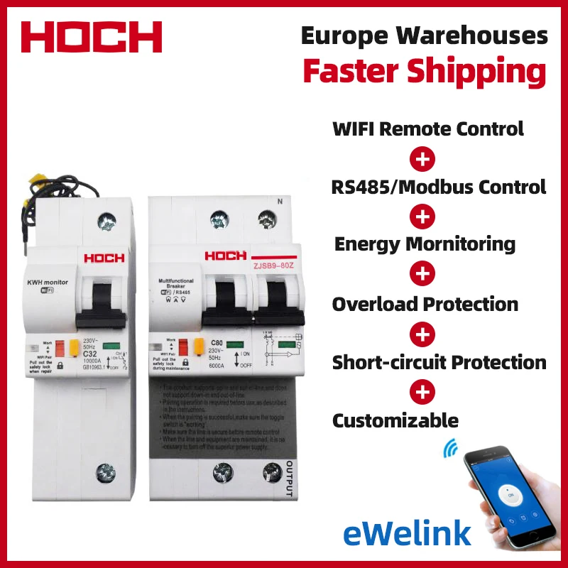 HOCH 2P WIFI Circuit Breaker Energy Monitoring Factory Timer Remote Control Ewelink App Wireless Smart Intelligent Switch