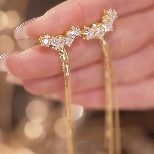 Luxury Star Zircon Tassel Earrings Gold Color Women New Fashion Long Earring Jewelry Wholesale 2