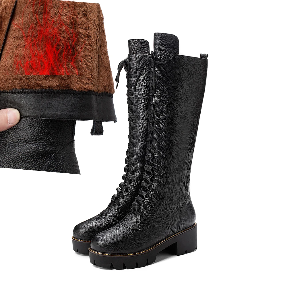 

Boots Women Genuine leather Hoof Heel Lace up Zipper knee high Booties Keep Warm Round Toe Shoes British Style Winter Shoes