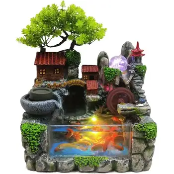

Creative Indoor Resin Rockery Waterfall Statue FengShui LED Water Fountain Home Garden Simulation Mountain Crafts Fish Tank