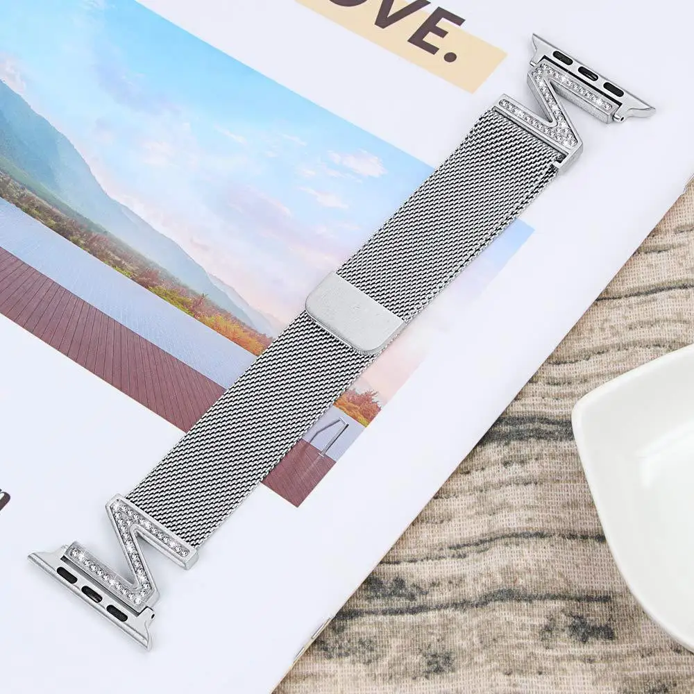 Ремень ремешок для часов, Миланская петля, алмаз для наручных часов Apple Watch 38 мм, 40 мм, 42 мм, 40 мм 44 наручных часов iwatch серии 5/4/3/2/1 Нержавеющая сталь ремень новинки для женщин