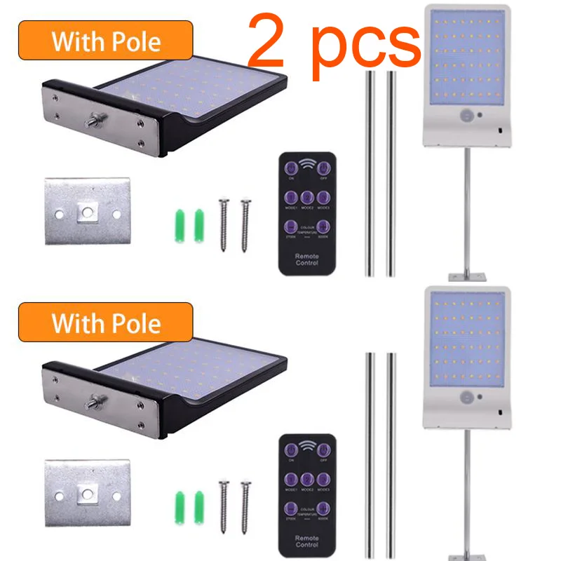 [DENGSUM] 48 светодиодов солнечный светильник, Регулируемый цвет с контроллером, три режима, водонепроницаемый светильник s для улицы, сада, стены, улицы - Испускаемый цвет: With pole - 2pcs
