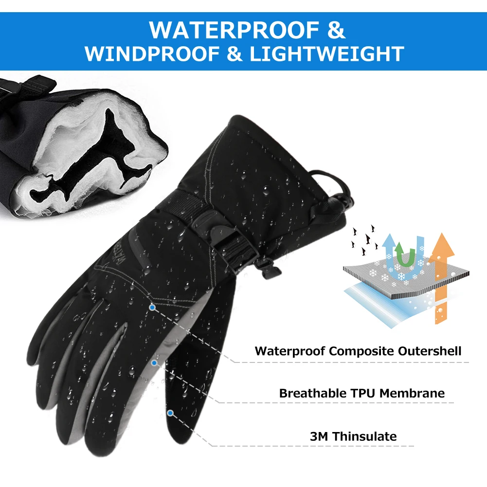 WATERFLY Winter Waterproof Ski Gloves Snowmobile Motorcycle Riding Snow Gloves For Men Warm Windproof Glove