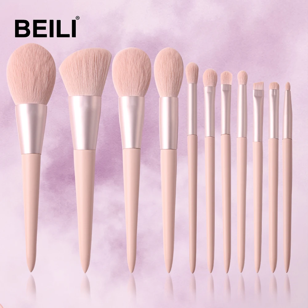 Набор розовых кистей для макияжа BEILI 11 шт. порошок ресниц синтетические кисти