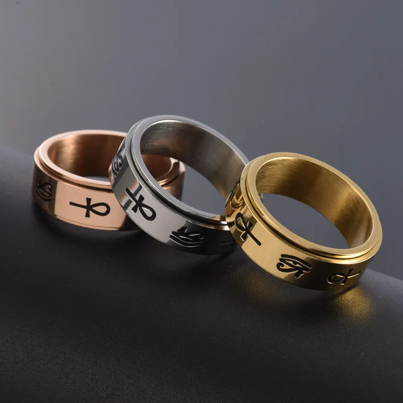 AsJerlya Stainless Steel Rotatable Spinner Rings Egypt Eye Of Horus Ankh Cross Anxiety Rings Freely Spinning Anti Stress Ring 6
