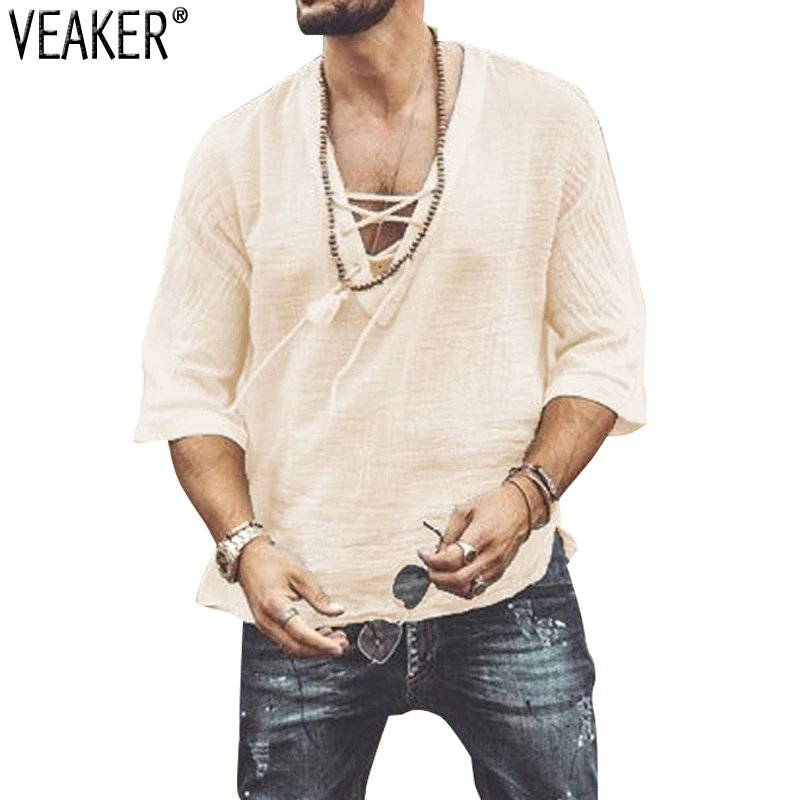 Мужская льняная футболка с глубоким v образным вырезом повседневная однотонная