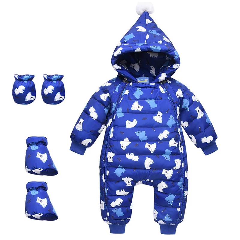 

Winter Warm Baby Girl Duck Down Rompers Infant Boy Thick Jumpsuit Snowsuit Kid Overalls Newborn Clothes 3pc Romper+Gloves+Shoes