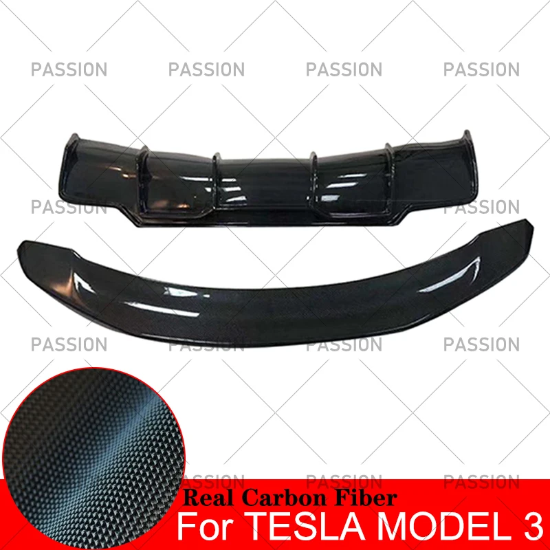 Для Tesla модель 3 передний бампер подбородок губ+ задние диффузоры+ СПОЙЛЕР+ боковые юбки дверной комплект кузова из настоящего углеродного волокна
