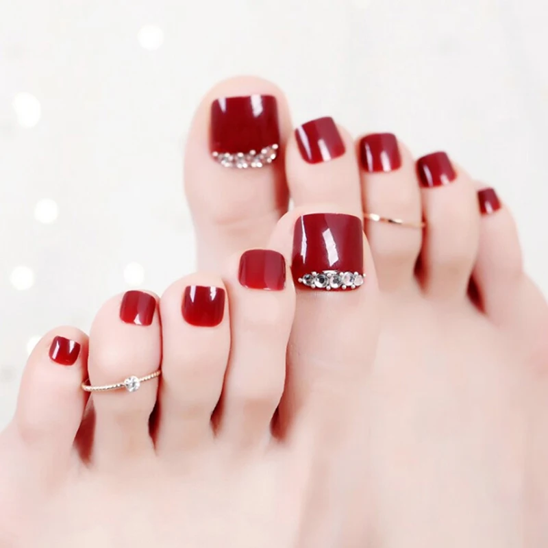 

24pcs High Quality Red Rhinestone Art Tips Full Cover False Toe Nails Full Tips Sticker Toenail Foot Manicure Beauty Nail Tool