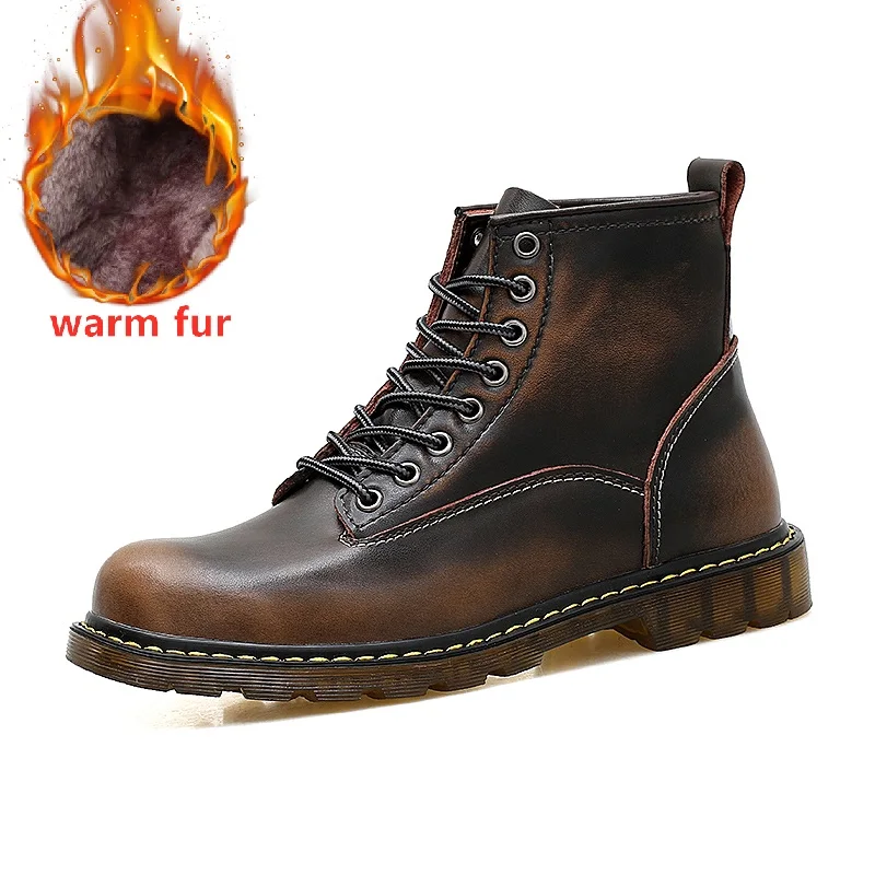 Brown with fur Ботинки; мужские теплые зимние ботинки; мужская кожаная обувь; ковбойские водонепроницаемые ботинки; мужские повседневные ботинки в байкерском стиле; Красивая мужская обувь - Цвет: Brown with fur