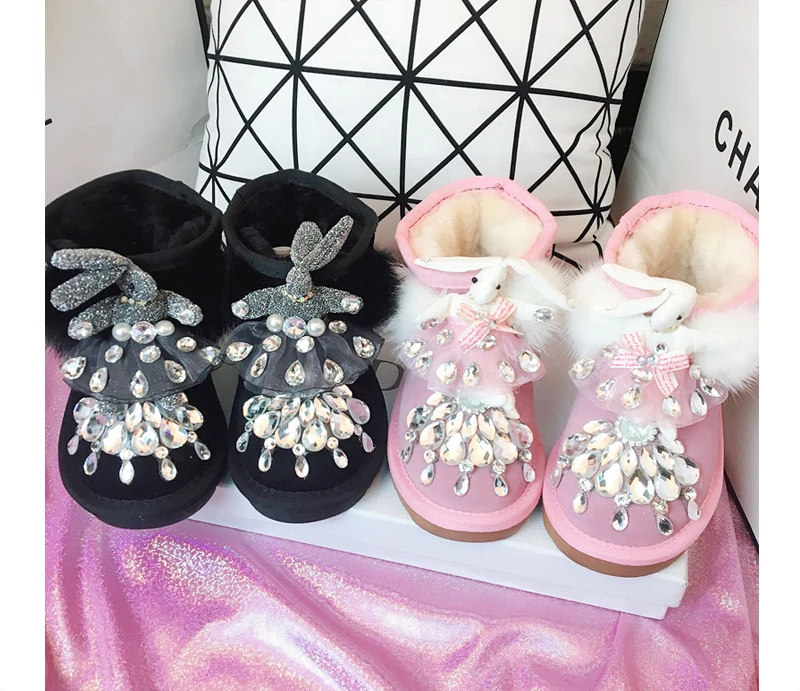 Новая детская зимняя меховая детские зимние ботинки со стразами; обувь для маленьких девочек; Теплые ботильоны; обувь высокого качества; ботинки из натуральной кожи