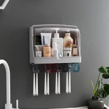 

No Drilling Toothbrush Holder Inverted Cup Wall Mount Bathroom Cleanser Storage Rack Box Bathroom Accessories Set