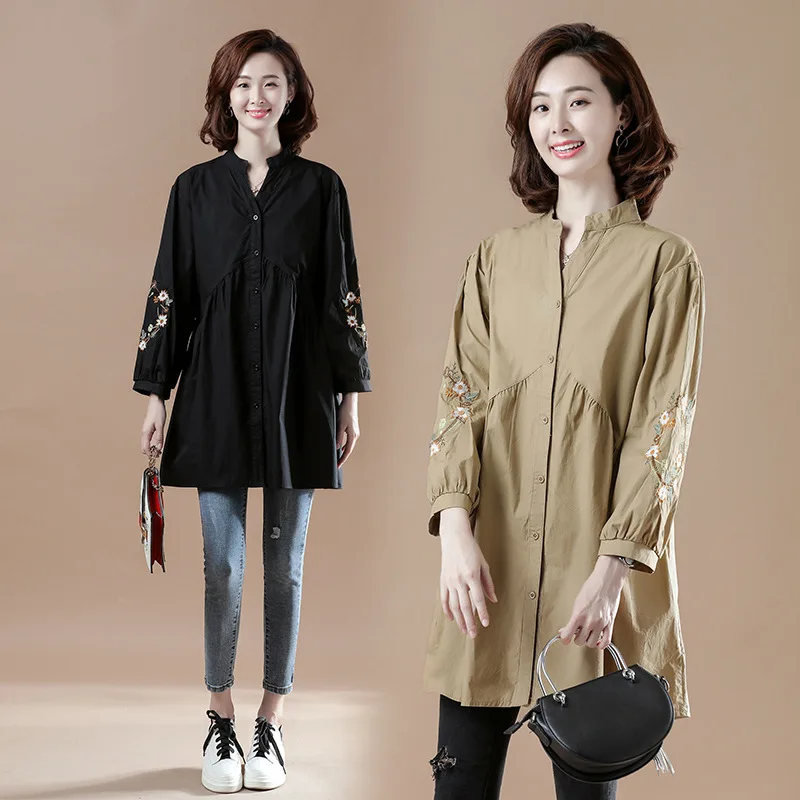 

2019 Autumn Clothing New Style Korean-style Literature And Art Solid Color Embroidered Long-sleeved Shirt Fat Mm Slimming Comfor