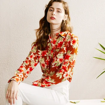 

red coffee floral chiffon silk office blouse womens shirts and blouses 2019 elegant sexy boho long sleeve plus size palace slim