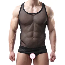Sexy Men Clothes Sets Mesh Transparent Sleeveless Tank Tops+ Boxer Shorts Male Undershirts Suit Gay Lingerie Party Clubwear