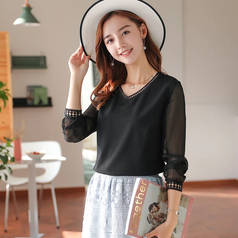 Women blouse long sleeve white Lace hollow V-neck blouse Top ladies chiffon autumn Blouses Elegant lantern Sleeve Blouse female