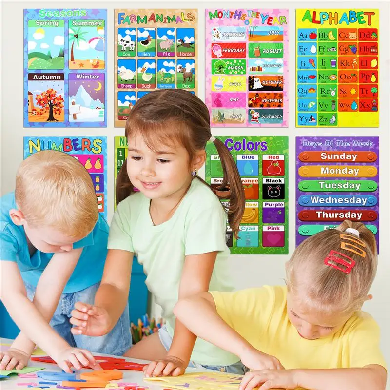 10pcs Educational Preschool Posters Charts Farm Animals Seasons Weathers Alphabet Months Days for Toddlers Kids Home Decoration