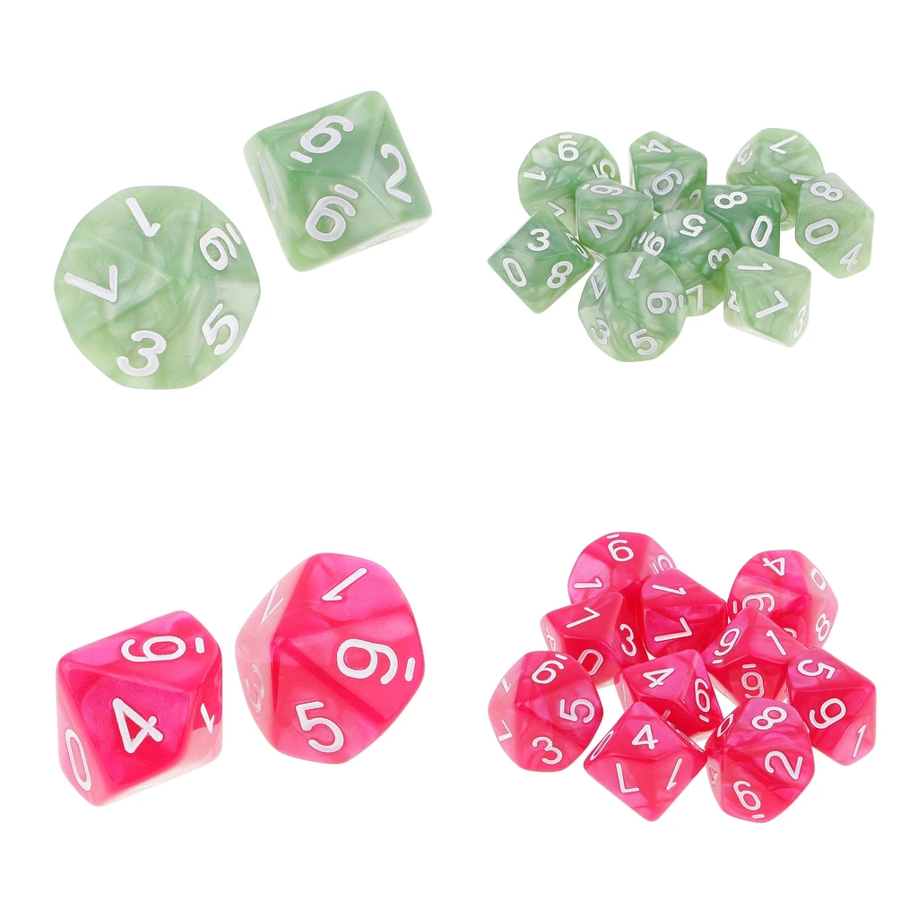 20pcs 10 Sided Dice D10 Polyhedral Dice for Dungeons and Dragons Game Green + Pink