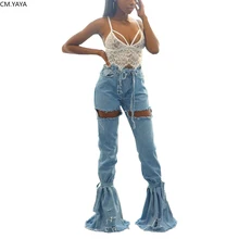 Fall Autumn Winter Female Denim Pants Women High Waist Skinny Hole spliced Bandage Solid Jeans Sexy Flare Trousers HSF2092