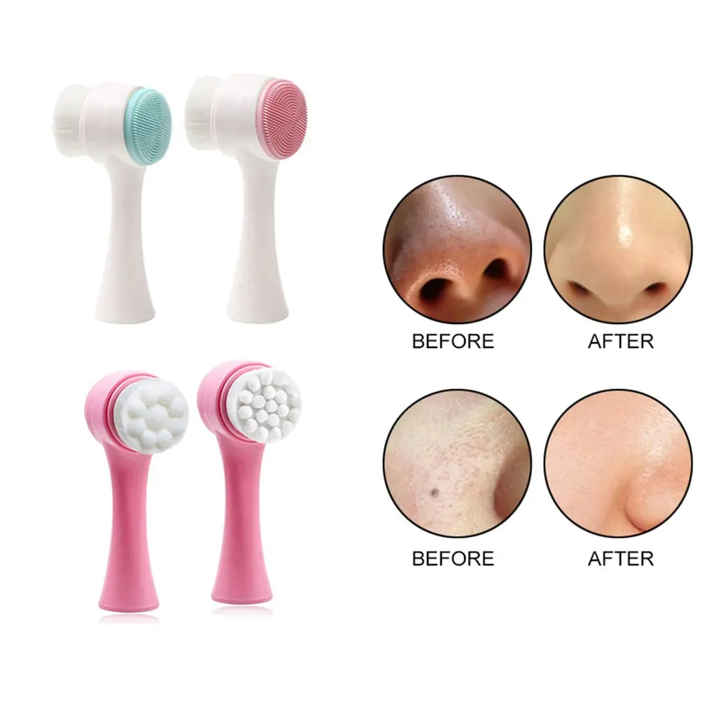 Double-sided Silicone Facial Cleanser Blackhead Remover Wash Massage Brush Soft Mild Fiber Exfoliator Face Skin Scrub Cleaning image