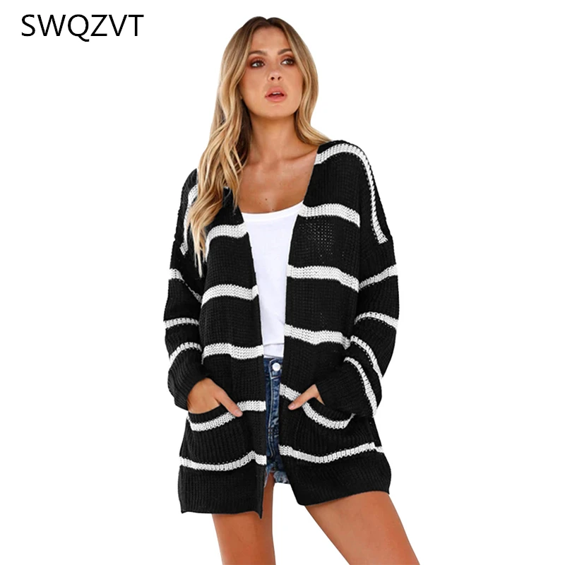

Cardigans for Women Fashion Striped Pocket Loose Ladies Female Casual Sweaters Tops 2019 Warm Coat Winter Knitting Coat Outwear