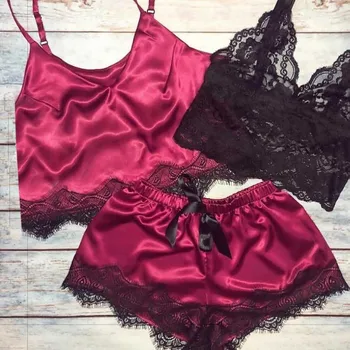 

3pc Women Lace Bra Stain Camisole Pajamas Bowknot Shorts sexy lingerie babydoll lace bra set shorts pyjama femme sexy #C