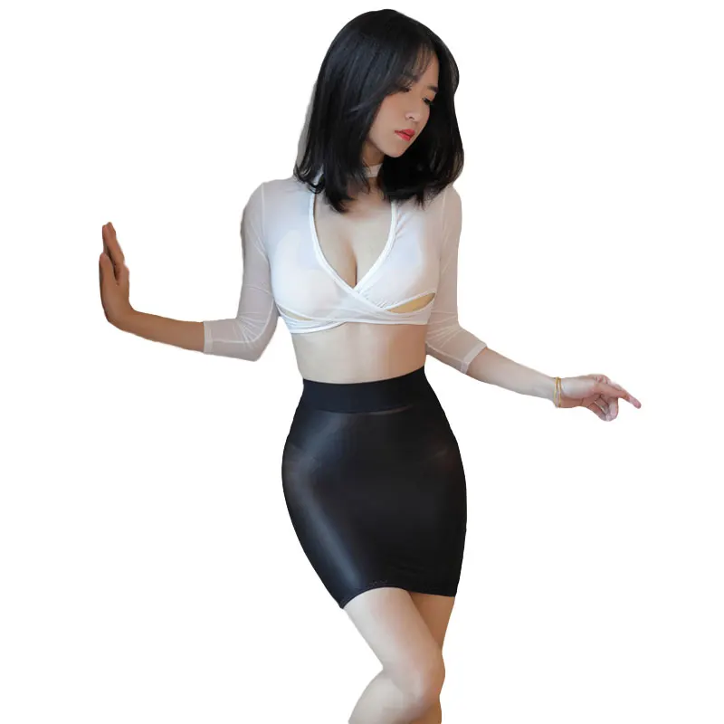 Hot Sexy Oil Shiny OL MINI Skirt Sheer 70D Gloosy Tight Pencil Cute Skirt See Through Candy Color Micro Mini Skirt For Women F12
