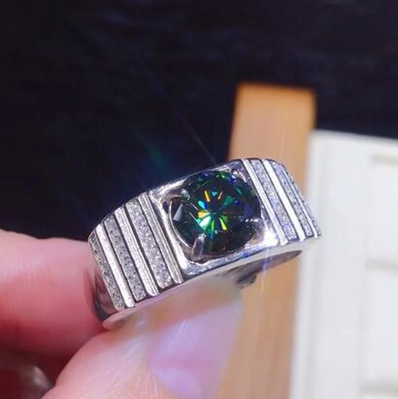 Male 3ct Lab Green Moissanite Ring 925 sterling silver Wedding band Rings for Men silver ring silver rings wedding rings moissanite ring