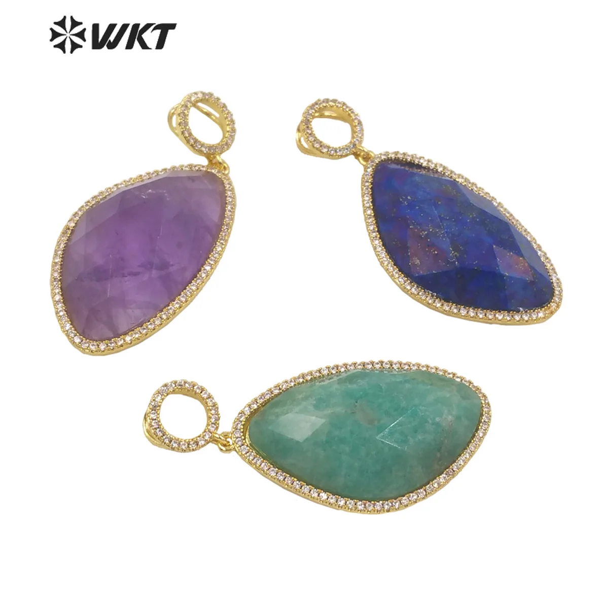 

WT-MP239 WKT Gorgeous Gold Plated Irregular Oval Shape Micropave CZ Gemstones Pendant Charms Jewelry Accessory Earings Necklaces