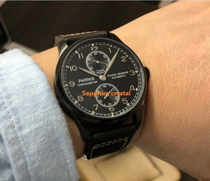 

Sapphire crystal 43mm PARNIS power reserve Automatic Self-Wind Mechanical movement Black dial PVD case men's watch pa199-p8
