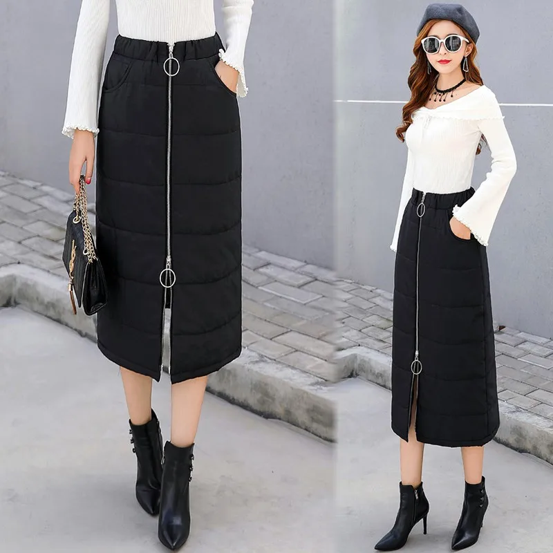 Женские зимние юбки размера плюс 3XL с молнией спереди и высокой талией, теплые зимние хлопковые юбки до середины икры