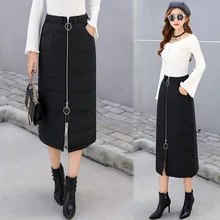 Женские зимние юбки размера плюс 3XL с молнией спереди и высокой талией, теплые зимние хлопковые юбки до середины икры