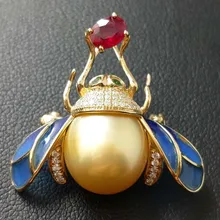 C-TWO, Элегантная Брошь в виде медоносной пчелы из желтого золота 18 карат с природными алмазами и красный жемчуг красивая брошь ювелирные изделия для женщин