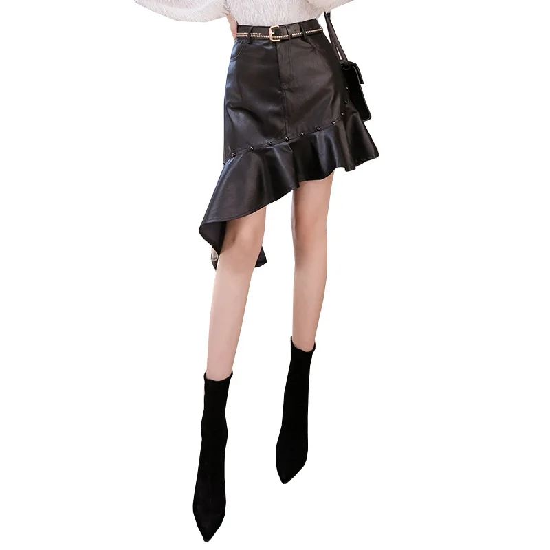 Женская юбка с высокой талией, с оборками, с заклепками, тонкая, черная, из искусственной кожи, нестандартная, женская, уличная, панк, готика, Клубная, мини, сексуальные юбки