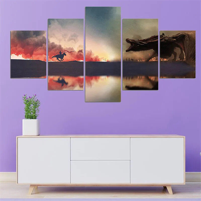 5 Pieces Canvas Painting Game Thrones Dragon Spitfire Picture Wall Pictures for Living Room Posters and Prints Home Decor (3)
