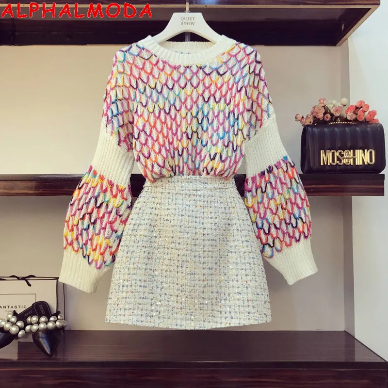 ALPHALMODA зимний женский красочный Вязаный милый свитер джемпер+ мини-юбка А-силуэта 2 шт. модный костюм S-L