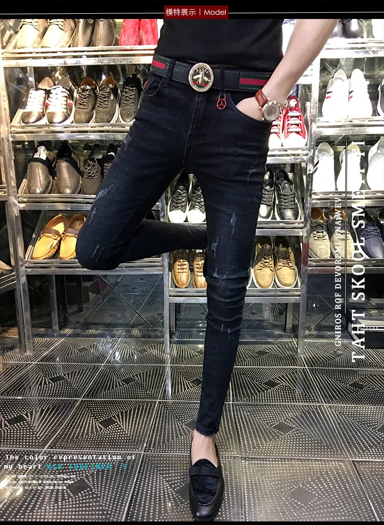 NEW spring autumn skinny strech Casual ripped hole fashion black teenagers hip hop cowboy denim leg jeans men pencil pants